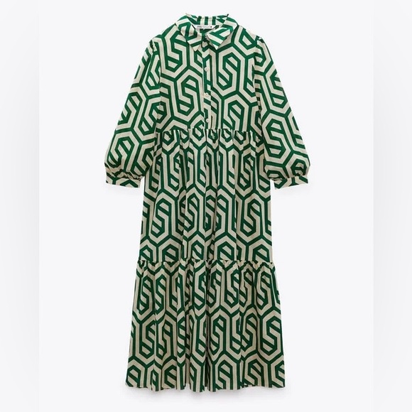 Zara Dresses & Skirts - ZARA Green Geometric Print Midi Dress Bloggers Favorite Cotton Tiered Size Small
